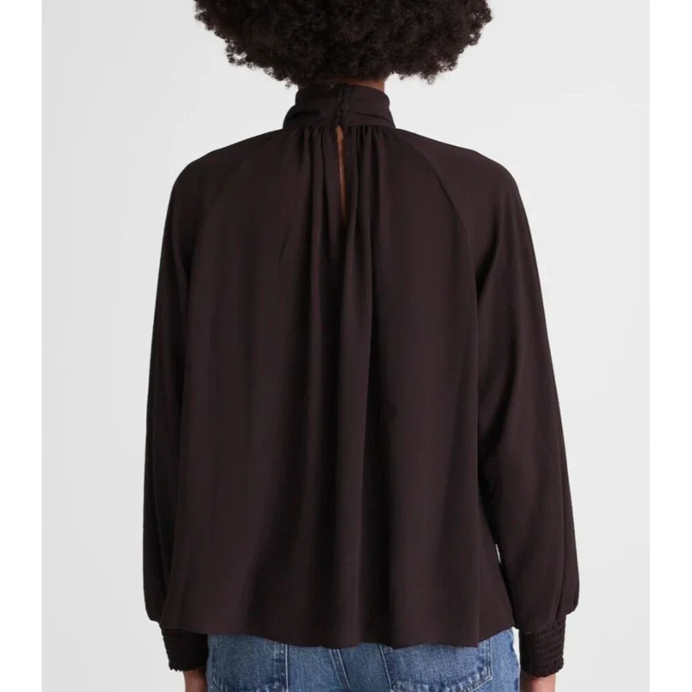 Madewell Chiffon Turtleneck Blouse XS Molasses Brown Smocked Cuff NWT NY352 - Picture 3 of 13